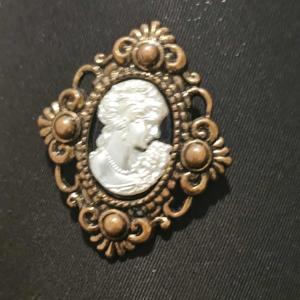 Vintage Plastic Cameo Button Bronze, Black, White